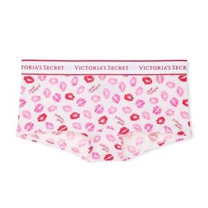 Victoria’s Secret Logo Cotton Boyshort Panty White Kisses Size Small
